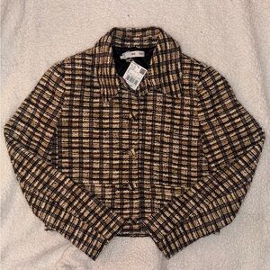 Mango Plaid Tweed Cropped Jacket - Yellow, Brown, & Black